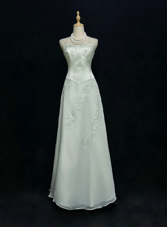 ✨Girlhomeshops-Mint Green Double Spaghetti Strap A-Line Gown Floral Embroidery gh10143