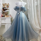 Dusty Blue Glitter Tulle Long Evening Gown, Off Shoulder Puff Sleeve A-Line Prom Dress With Bow gh9285