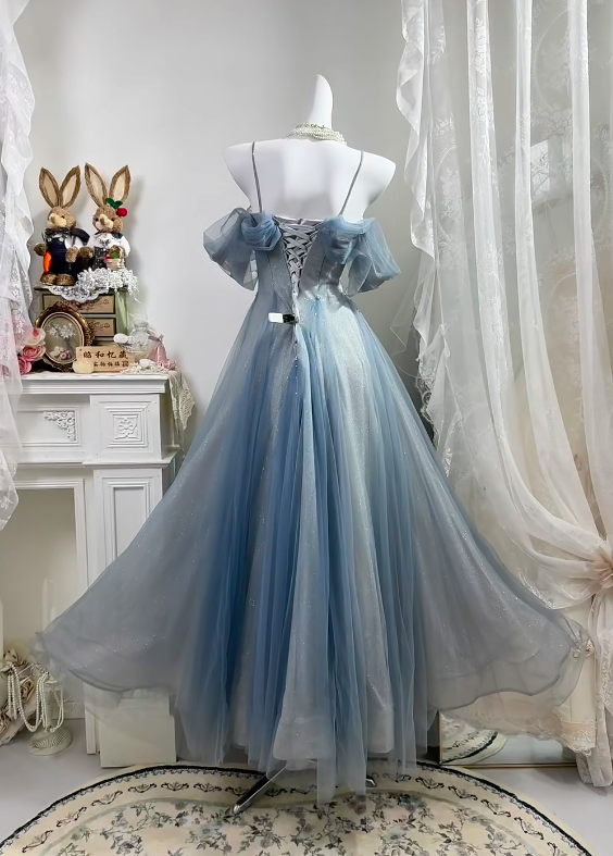 Dusty Blue Glitter Tulle Long Evening Gown, Off Shoulder Puff Sleeve A-Line Prom Dress With Bow gh9285