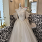Ivory Off-the-Shoulder Waist-Cinched Full Flared Skirt Soft Elegant Romantic Dress, Wedding Gown gh7621