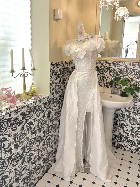 White Off Shoulder Lace Trim Neck Waist-Cinched Slit Sexy Romantic Dress, Wedding Gown gh7675