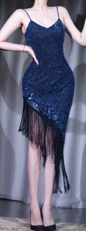 ✨Girlhomeshops-Navy Blue Spaghetti Strap V Neck Midi Party Dress Sequin Floral Embroidery Black Fringe Evening Gown gh10061