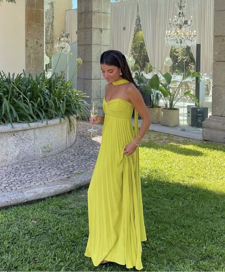 Robe de soirée longue en mousseline de soie élégante à la mode jaune robe de soirée pour invités de mariage gh3430