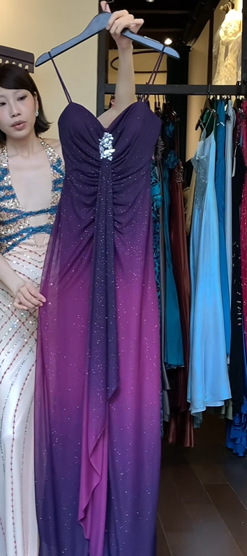 Ombre Purple Spaghetti Straps Evening Gown Ruched Rhinestone Sparkly Chiffon Long Formal Prom Dress gh9751