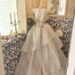 Light Grey Off-the-Shoulder Cinched Waist Tiered Skirt Long Romantic Dress, Wedding Gown gh7785