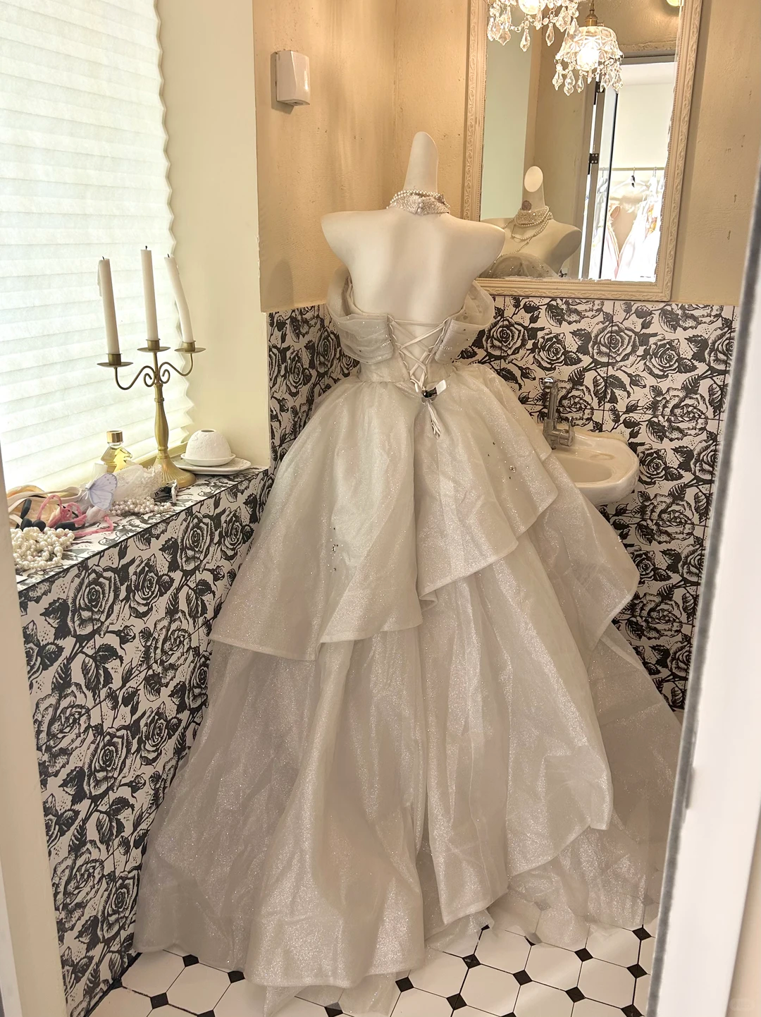 Light Grey Off-the-Shoulder Cinched Waist Tiered Skirt Long Romantic Dress, Wedding Gown gh7785