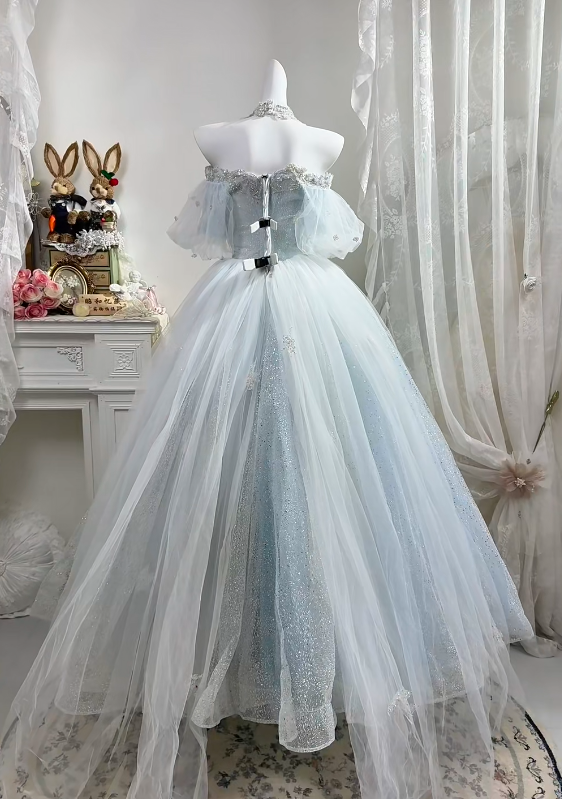 Light Ice Blue Tulle Long Evening Gown, Off Shoulder Puff Sleeve Heavy Beaded Rhinestone Princess Prom Dress gh9273