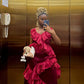 Red Fashion Elegant Long Velvet Satin Splicing Ruffled Ball Gown Evening Dress Party Dress gh3250
