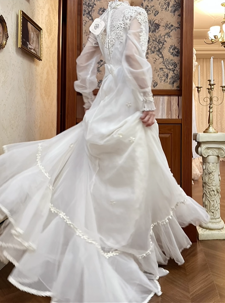 Ivory Vintage Empire Waist Wedding Prom Dress, Lace High Neck, Sheer Puff Long Sleeves, Pearl Lace Appliqués, A‑Line Long Train gh8695