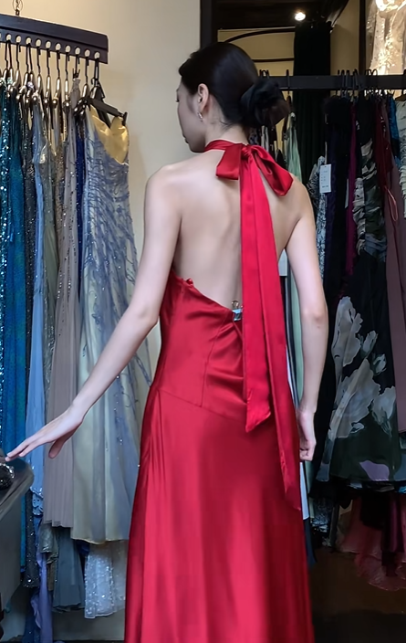 Bright Red Halter Mock Neck Long Formal Gown Satin A-Line Evening Dress gh9661