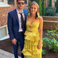 Robe de soirée longue en satin jaune élégante à bretelles spaghetti, robe de bal à plusieurs niveaux, robe de soirée formelle gh3655
