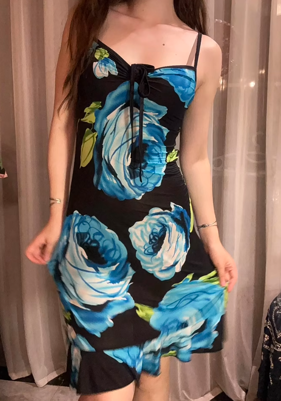 Black Base Sexy Vintage Blue Print Spaghetti Strap Fitted Waist Slim Prom & Evening Party Dress gh8461