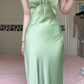 Sage Green Puff Short‑Sleeve Long Evening Gown, Lace‑Trim U‑Neck, Front Tie Detail, Satin Mermaid Floor‑Length Prom Dress gh8932