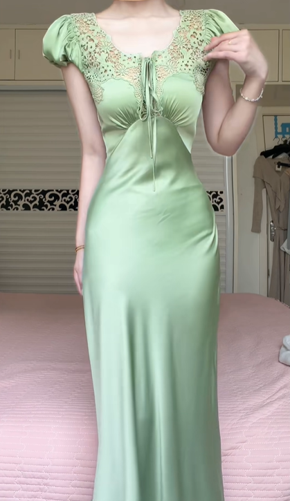 Sage Green Puff Short‑Sleeve Long Evening Gown, Lace‑Trim U‑Neck, Front Tie Detail, Satin Mermaid Floor‑Length Prom Dress gh8932