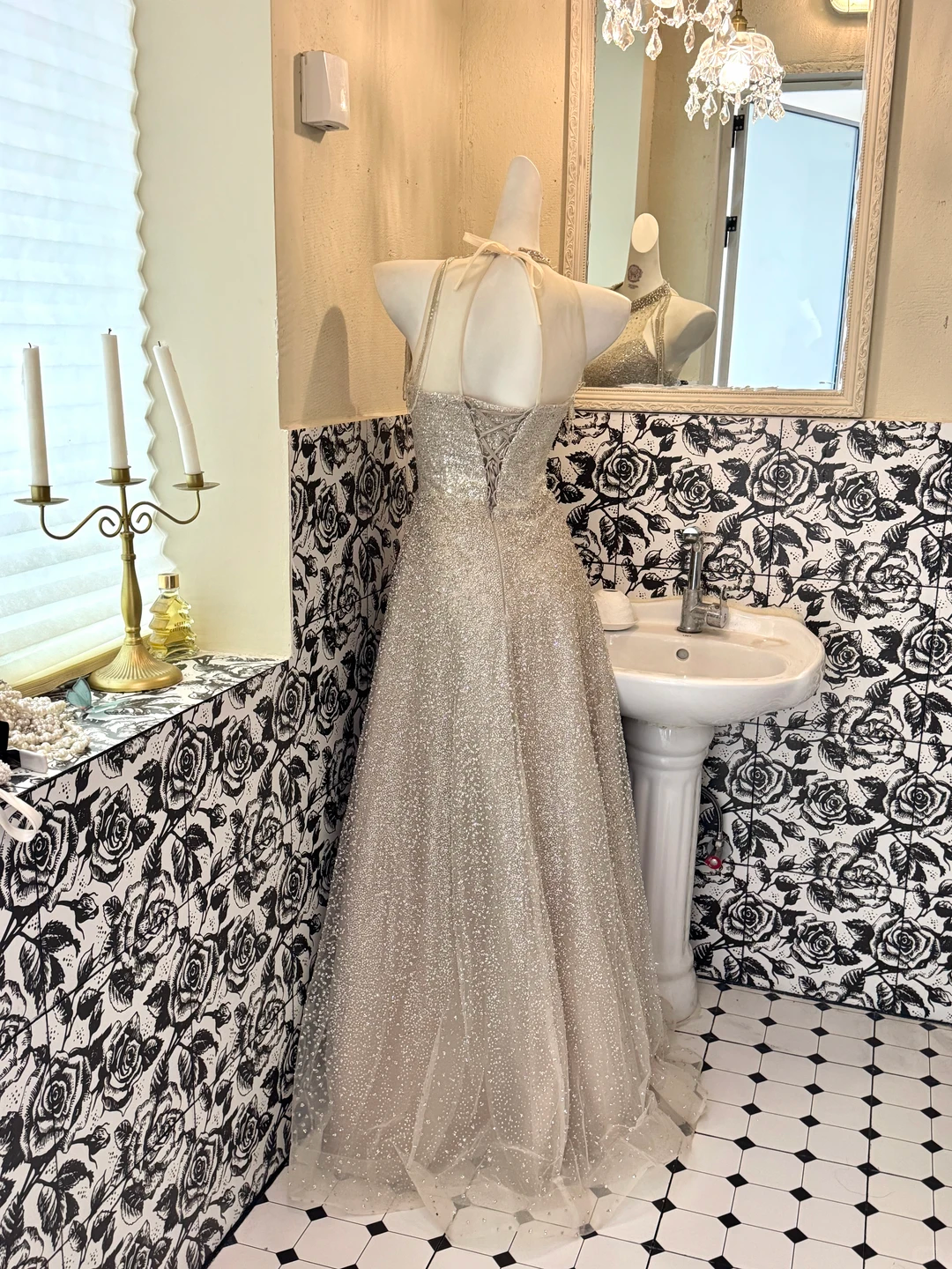 Light Champagne Sequin Halter Waist-Cinched Slimming Elegant Romantic Dress, Wedding Gown gh7623