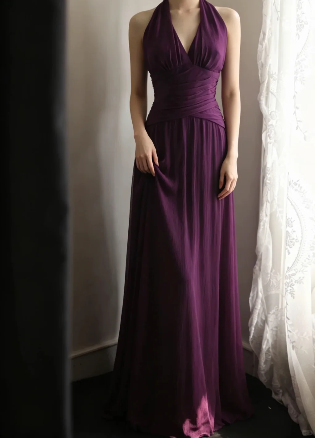 Deep Purple Halter V‑Neck Long Evening Gown, Cross Ruched Waist Flowy Chiffon A‑Line Bridesmaid Formal Dress gh9107