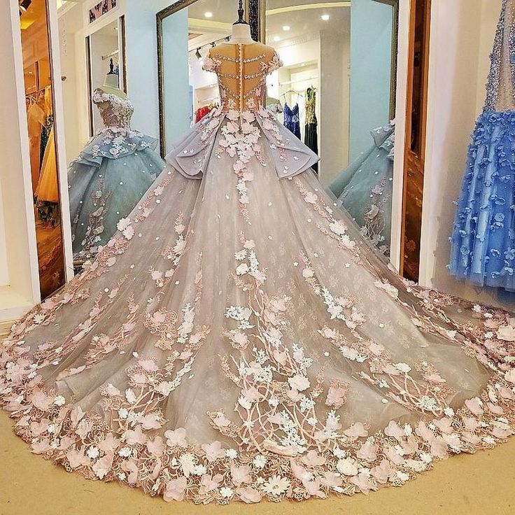 Hellrosa, wunderschönes, zartes, florales Applikations-Abendkleid mit langer Schleppe aus Tüll, Ballkleid, gh3324