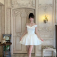 White Satin Off The Shoulder Short Homecoming Dress Draped Neck Mini Prom Gown gh9404