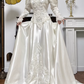 Ivory Vintage Satin Wedding Gown, V‑Neck, Vintage Leg‑of‑Mutton Puff Long Sleeves, Exquisite Lace Appliqués Fitted Waist, Satin Full‑Skirt With Long Train, Lace Trim On Hem, Bridal Prom Dress gh8758