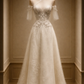 ✨Girlhomeshops-Champagne Qipao Collar Beaded A-Line Wedding Dress with Detachable Tulle Sleeves gh10520