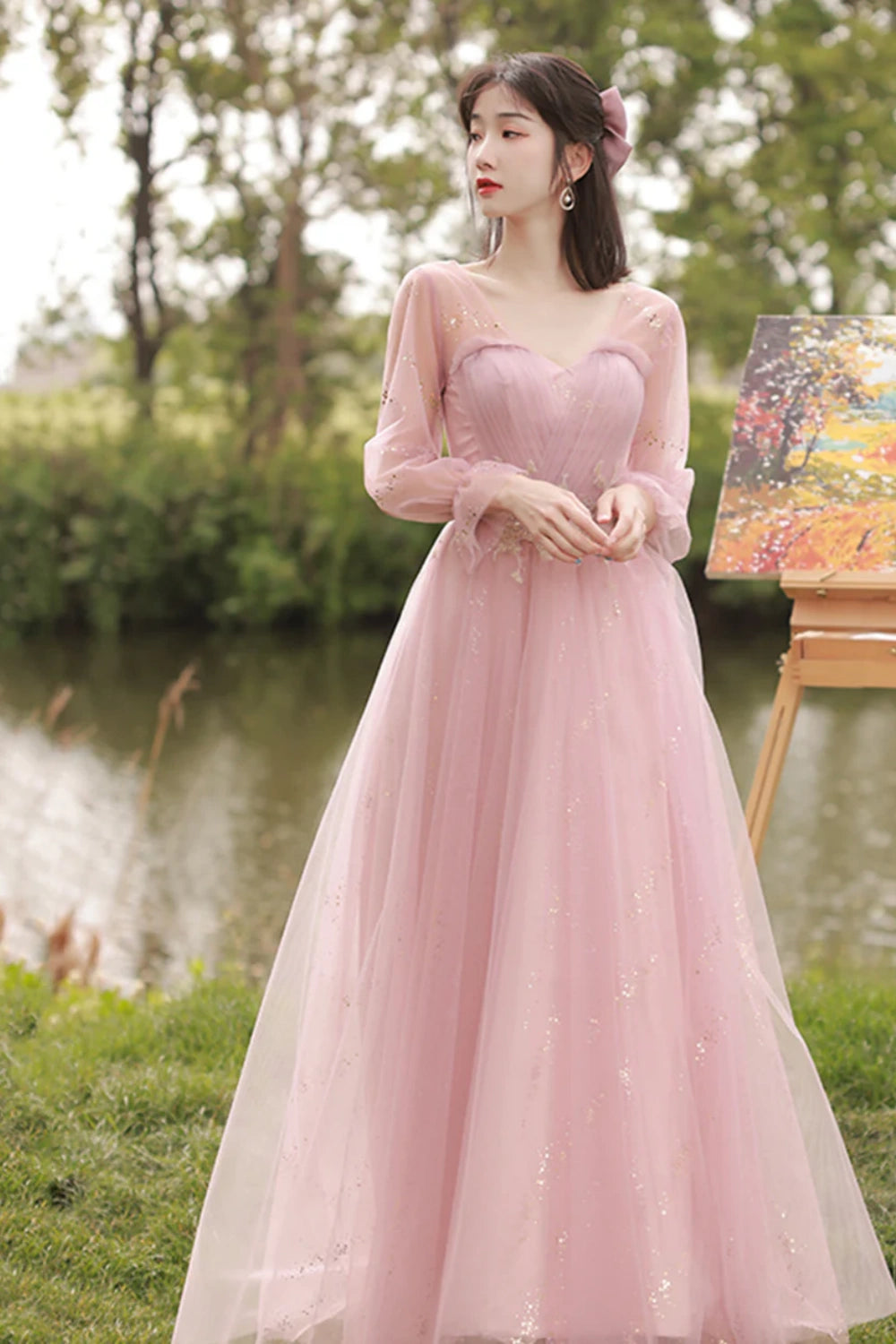 Rosa Tüll Langes A-Linien Ballkleid Abendkleid Brautjungfernkleider 8869