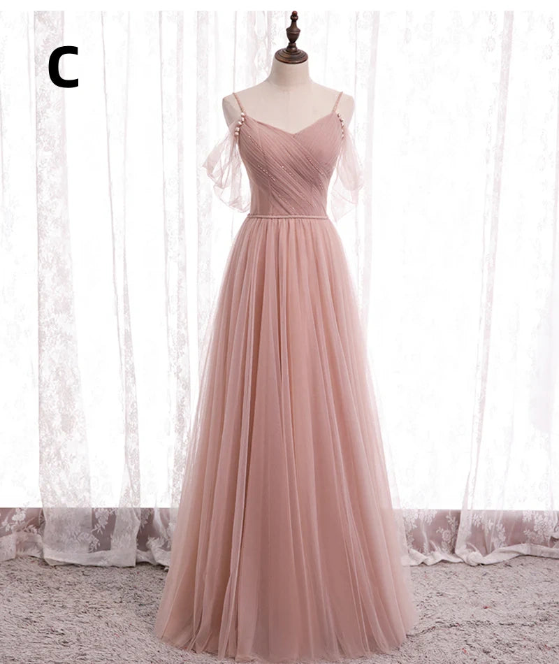 Pink Elegant A-line Tulle Long Ball Gown Evening Gown Bridesmaid Dress 8369