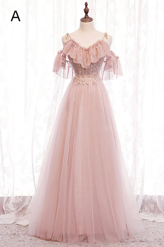 Robe de soirée longue en tulle et dentelle rose 8349