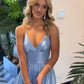 Blue sexy A-line spaghetti straps backless slit long elegant ball gown evening dress gh2911