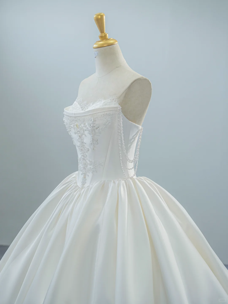 Girlhomeshops-White satin long elegant tulle wedding prom dress gh5435