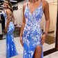 Blaues Ballkleid-Abendkleid mit V-Ausschnitt und langem Schlitz, bedruckt, bestickte Spitze, gh2240