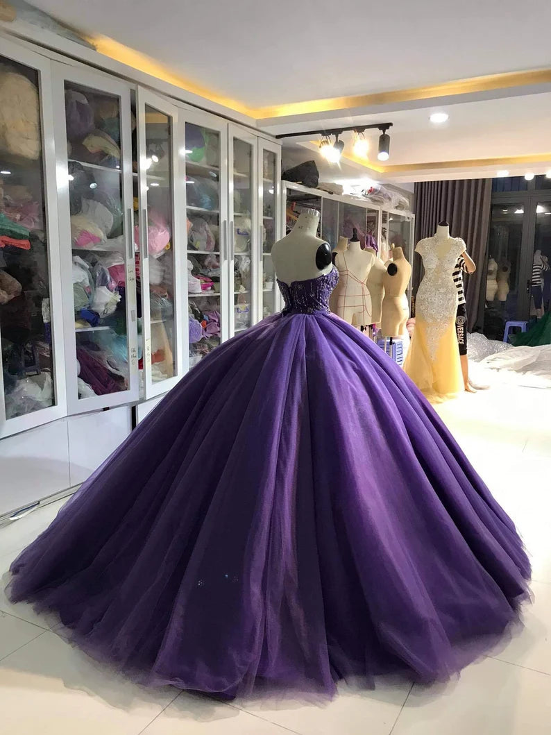 Lila Wunderschöne Exquisite Perlen Lange Tüll Mode Ballkleid Abendkleid gh3568