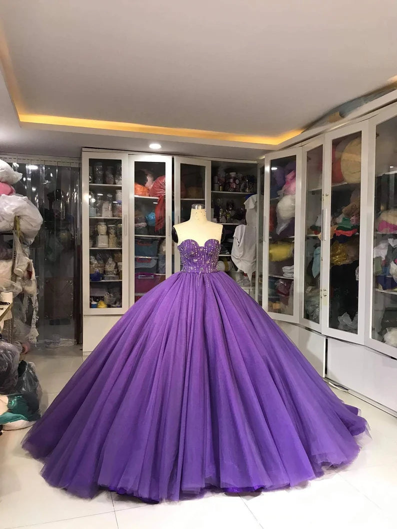Lila Wunderschöne Exquisite Perlen Lange Tüll Mode Ballkleid Abendkleid gh3568