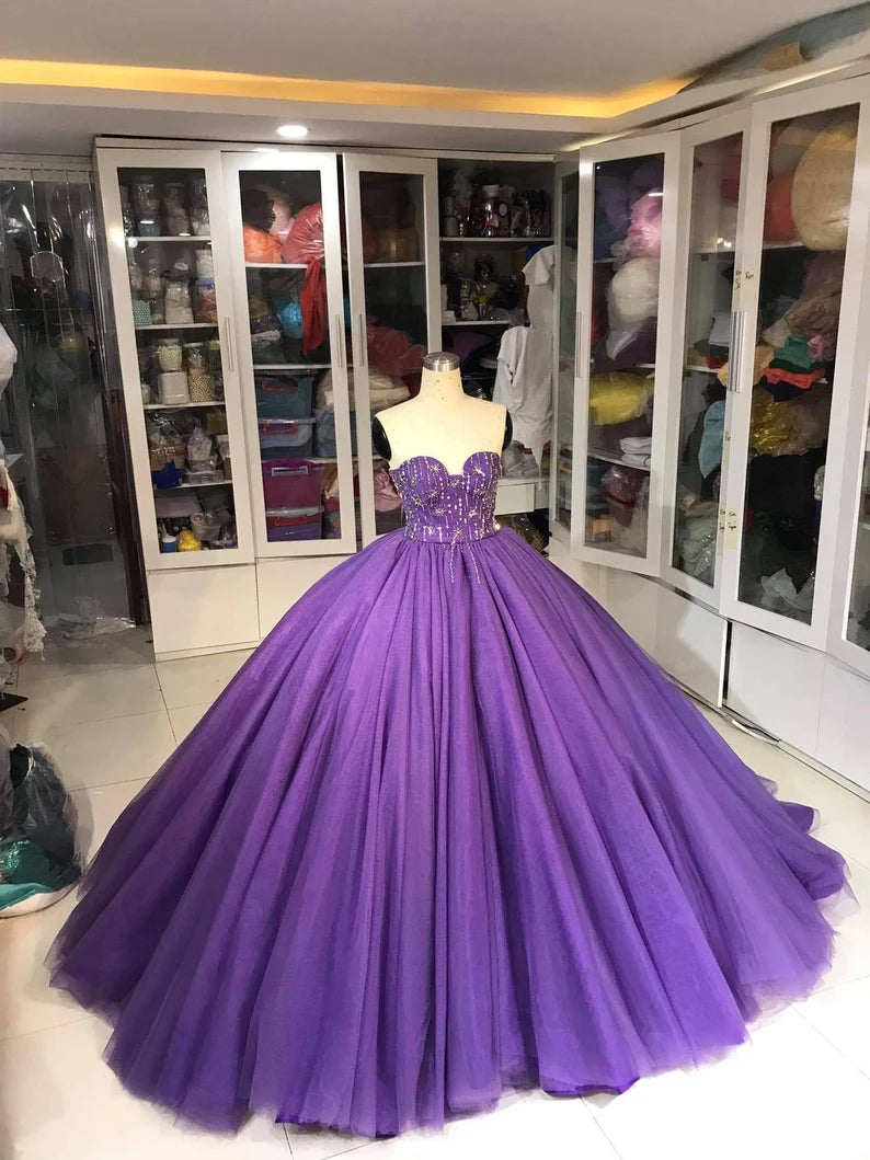Lila Wunderschöne Exquisite Perlen Lange Tüll Mode Ballkleid Abendkleid gh3568