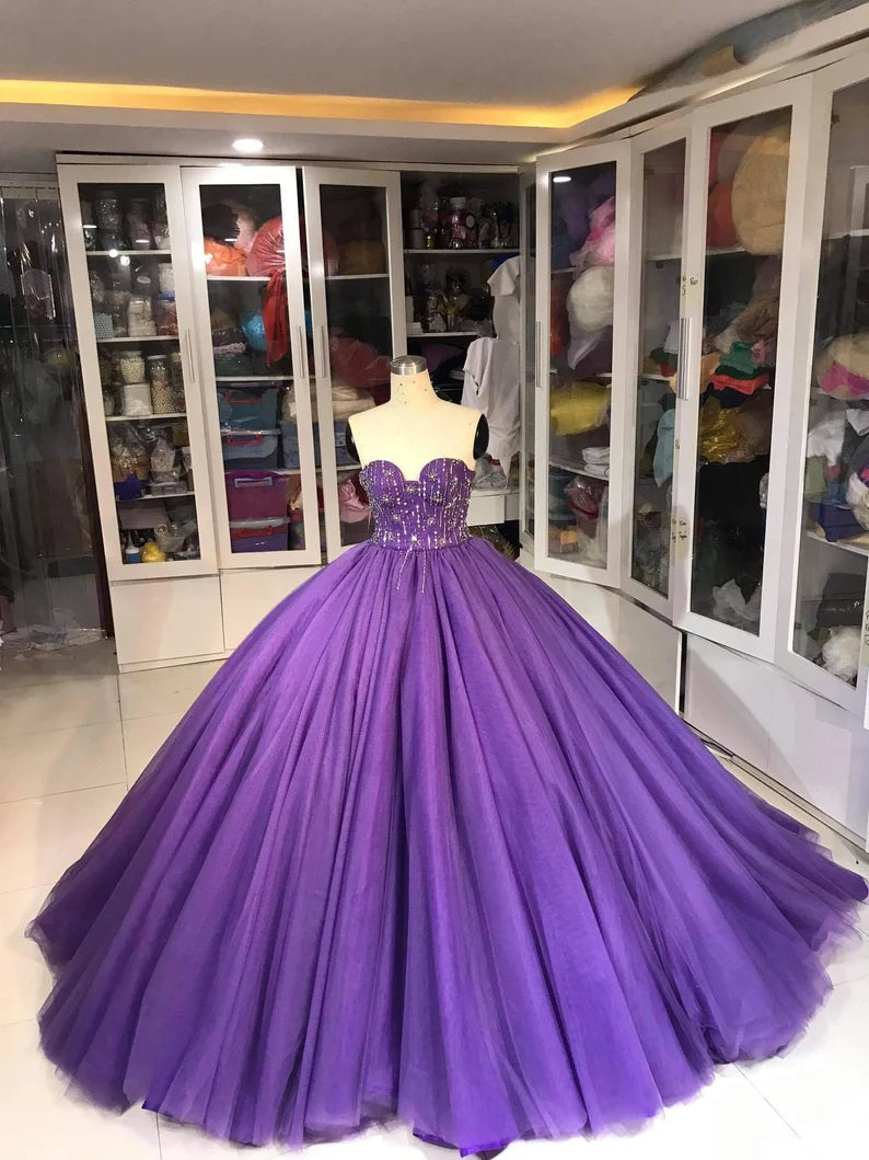 Lila Wunderschöne Exquisite Perlen Lange Tüll Mode Ballkleid Abendkleid gh3568