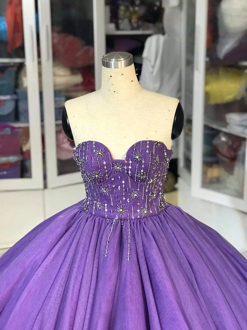 Lila Wunderschöne Exquisite Perlen Lange Tüll Mode Ballkleid Abendkleid gh3568