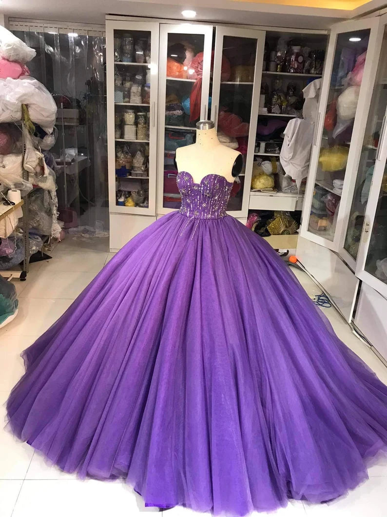 Lila Wunderschöne Exquisite Perlen Lange Tüll Mode Ballkleid Abendkleid gh3568