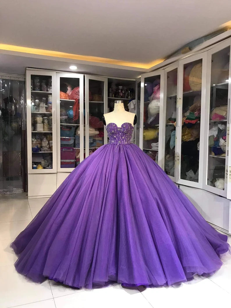 Lila Wunderschöne Exquisite Perlen Lange Tüll Mode Ballkleid Abendkleid gh3568