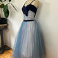 Robe de soirée longue en tulle bleu mignon doux délicat avec bretelles spaghetti perlées gh3488