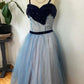 Robe de soirée longue en tulle bleu mignon doux délicat avec bretelles spaghetti perlées gh3488