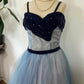 Robe de soirée longue en tulle bleu mignon doux délicat avec bretelles spaghetti perlées gh3488