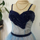 Robe de soirée longue en tulle bleu mignon doux délicat avec bretelles spaghetti perlées gh3488