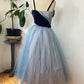 Robe de soirée longue en tulle bleu mignon doux délicat avec bretelles spaghetti perlées gh3488