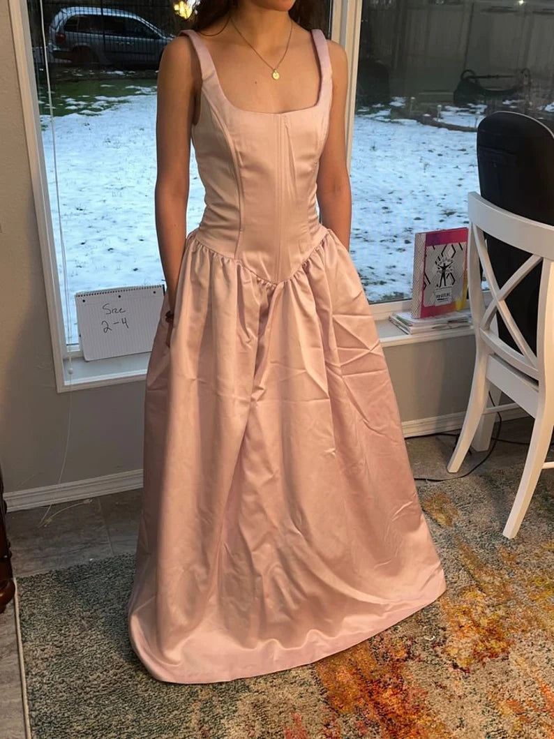 Hellrosa Retro-Mode Elegantes A-Linien-Abendkleid mit quadratischem Ausschnitt und langem Satin-Prinzessinnen-Ballkleid, Partykleid, gh3554