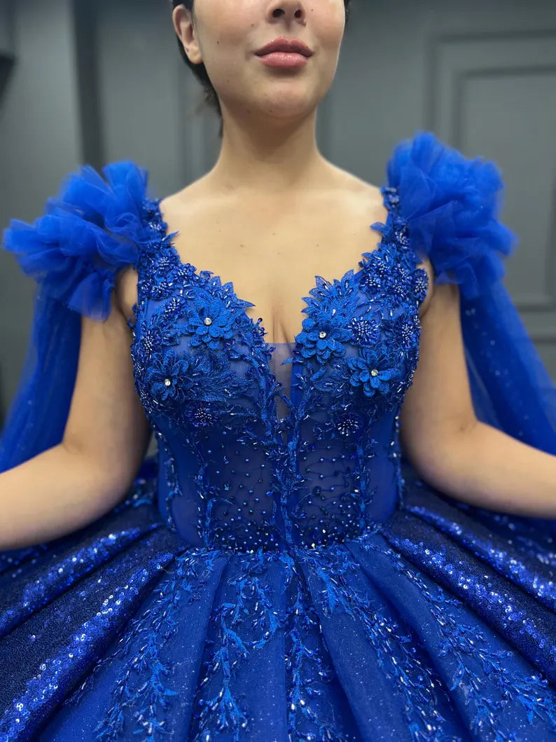 Blaues wunderschönes, exquisites, langes, elegantes Tüll-Ballkleid-Abendkleid gh3582