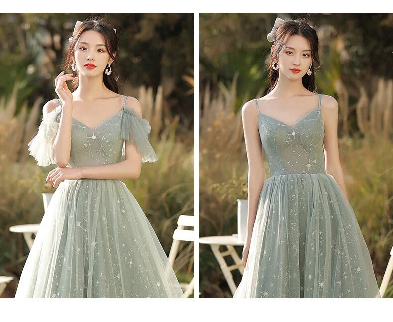 Green tulle long A line prom dress bridesmaid dress  8886