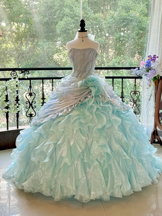 Girlhomeshops - Blaues, wunderschönes, elegantes, glänzendes, langes Quinceanera-Kleid aus Tüll, Ballkleid, Abschlusskleid, gh5002