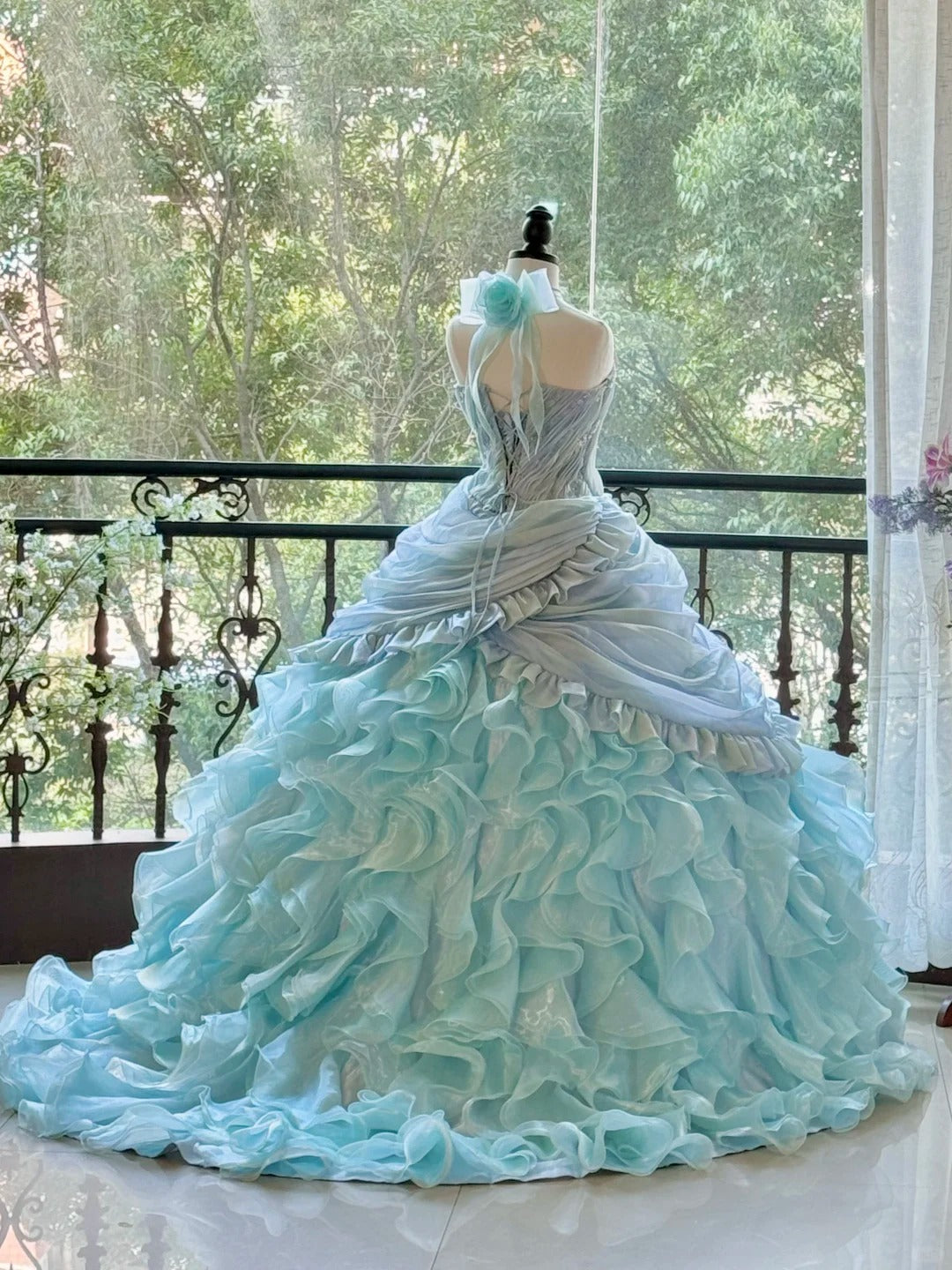 Girlhomeshops - Blaues, wunderschönes, elegantes, glänzendes, langes Quinceanera-Kleid aus Tüll, Ballkleid, Abschlusskleid, gh5002