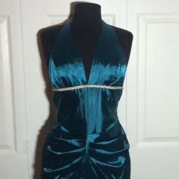 Robe de soirée longue en satin bleu vintage élégante à bretelles, robe de soirée formelle, robe de soirée gh3467