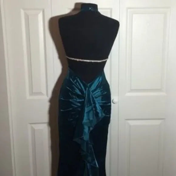 Robe de soirée longue en satin bleu vintage élégante à bretelles, robe de soirée formelle, robe de soirée gh3467