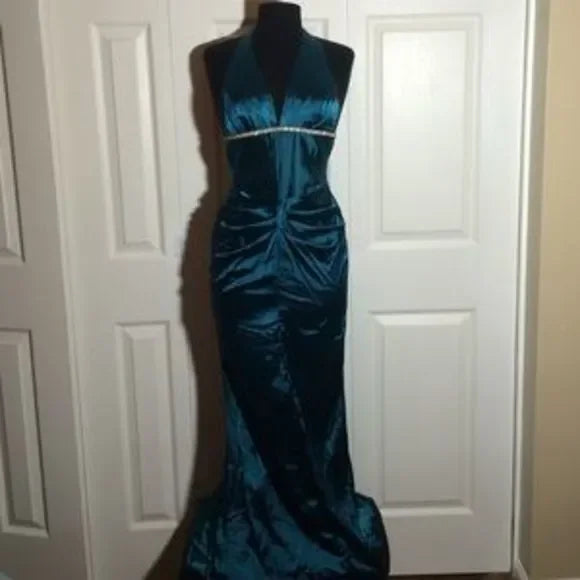 Robe de soirée longue en satin bleu vintage élégante à bretelles, robe de soirée formelle, robe de soirée gh3467